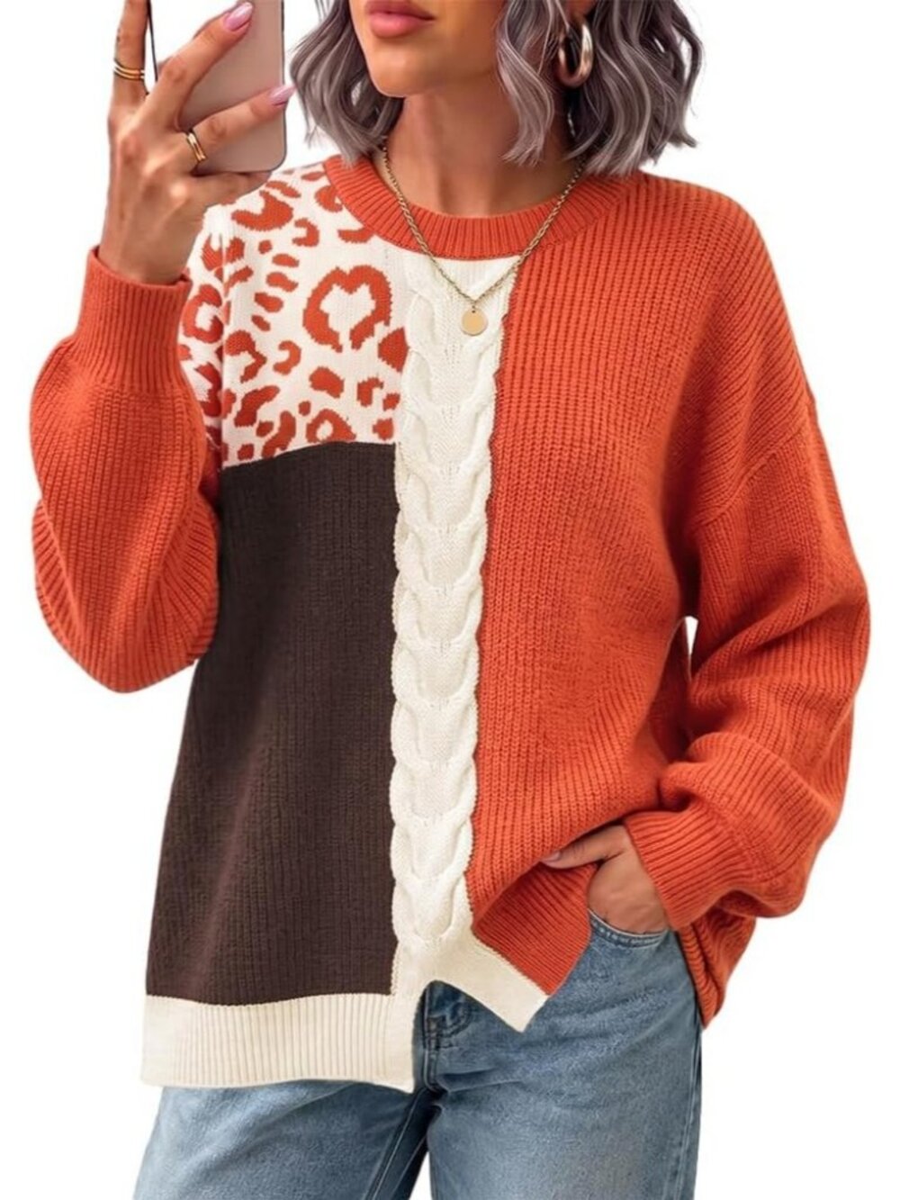 Women's Orange NEW Oversized Fall Fashion Clothes Contrast Cable Trendy Sweaters